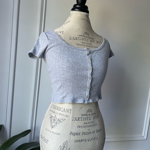 Brandy Melville Light Gray Button-Front Crop Top - Picture 2 of 6